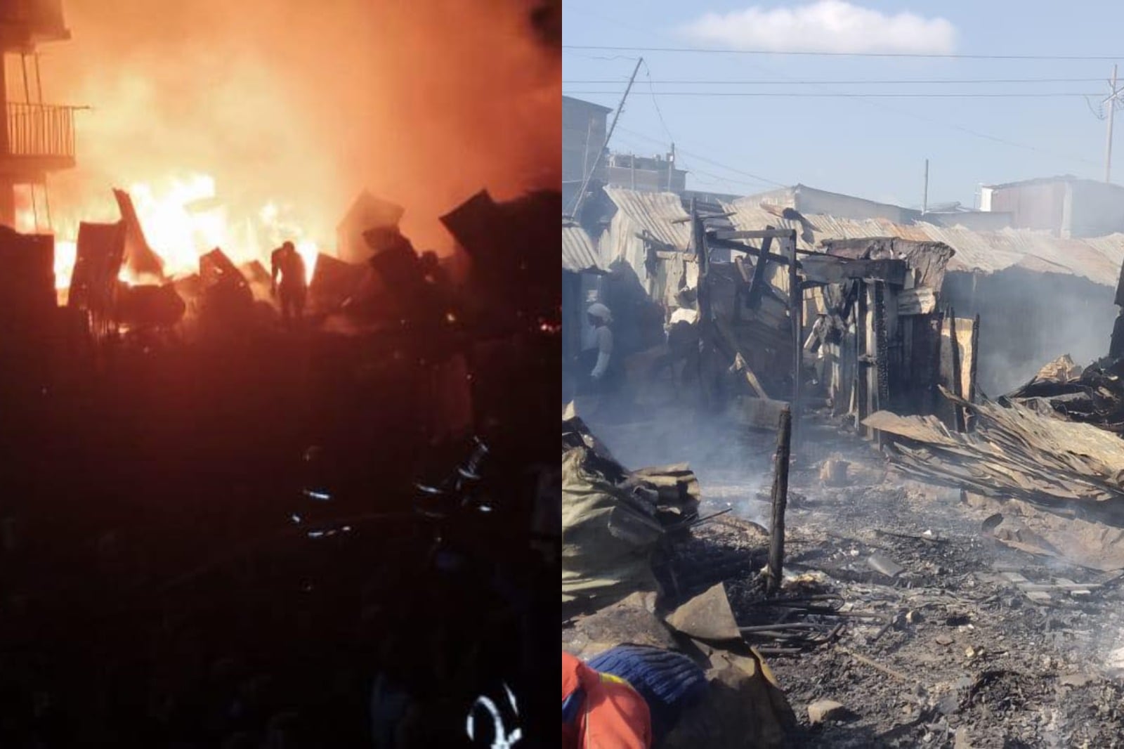 Collage photo of a fire and houses destroyed in Mukuru Fuata Nyayo, South B.
